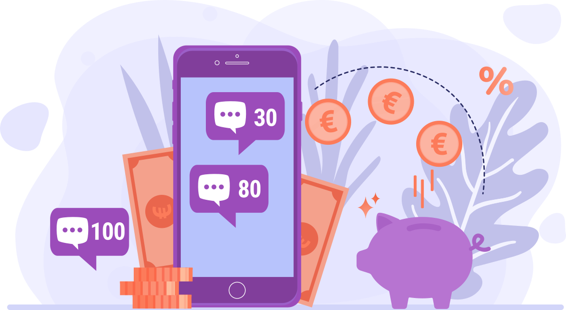 Pricing illustration for SMS reception and conversational exchange on purple phone